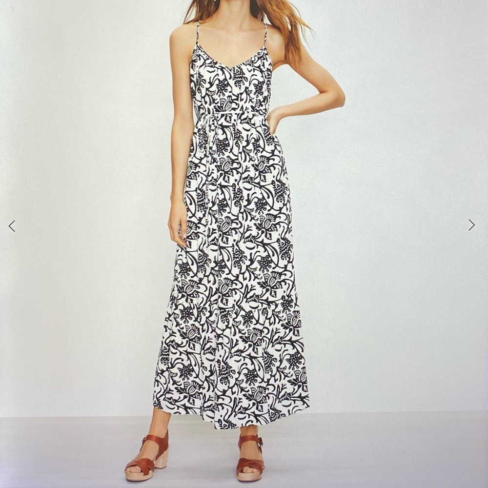 LOFT Black & White Patterned Maxi Dress floral strappy XL lined relaxed fit boho